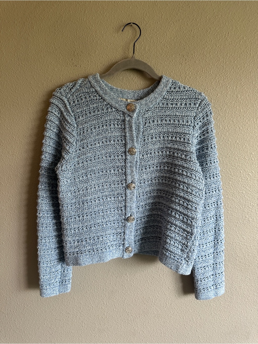 LOFT Light Blue Textured Button-Front Cardigan Medium